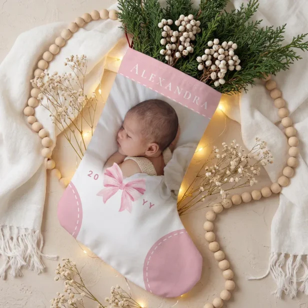 Cute Pink Bow Name & Photo Baby First Christmas Christmas Stocking
