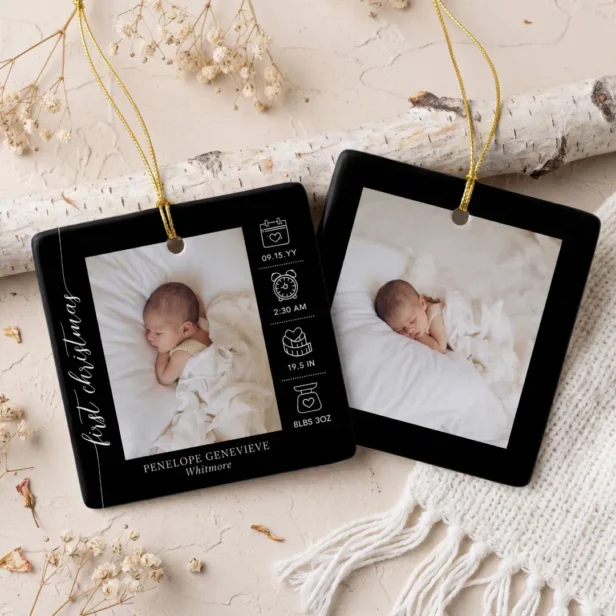 Elegant Baby First Christmas Birth Stats Photo Black Ceramic Ornament