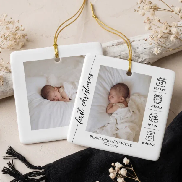 Elegant Baby First Christmas Birth Stats Photo White Ceramic Ornament