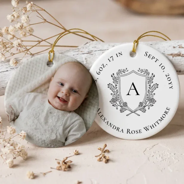 Elegant Baby Monogram Birth Stats Photo Keepsake Ceramic Ornament