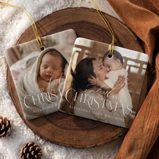 Elegant Baby’s First Christmas Photo Ornament Celebrate your little one’s first Christmas with this elegant personalized photo ornament. The front and back each feature a favorite photo with “First Christmas” beautifully displayed over the image. Personalize with your baby’s name and the year to create a meaningful keepsake commemorating this special milestone. Perfect for baby’s first Christmas, newborn gifts, new parents, grandparents, family keepsakes, and holiday decorating. A timeless personalized photo ornament to treasure and enjoy on the Christmas tree for years to come. Original design by Moodthology Papery.