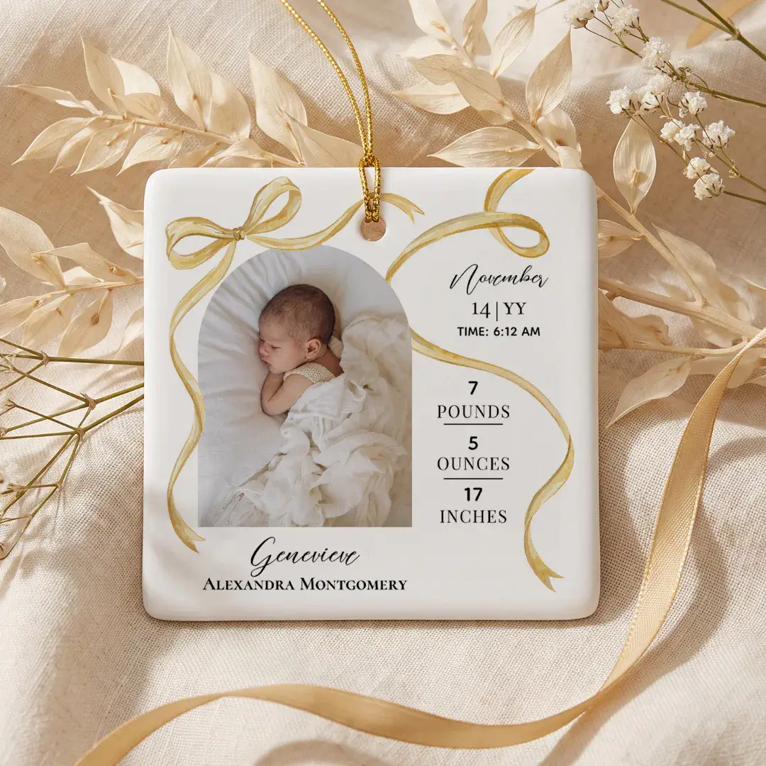 Elegant Bow Newborn Custom Baby Birth Stats Photo Ceramic Ornament