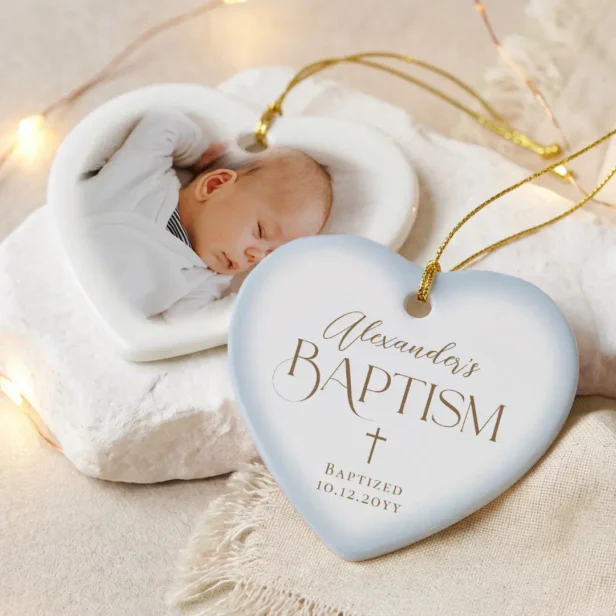 Elegant Cross Baby Boy Baptism Blue Heart Photo Ceramic Ornament