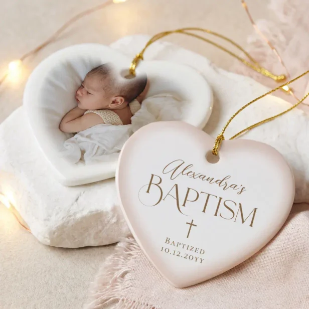 Elegant Cross Baby Girl Baptism Pink Heart Photo Ceramic Ornament