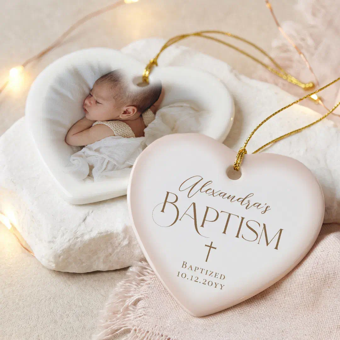 Elegant Cross Baby Girl Baptism Pink Heart Photo Ceramic Ornament