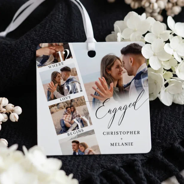 Elegant Engagement Photo Collage Engaged Keepsake Metal Ornament