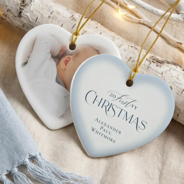Elegant First Christmas Engaged Blue Heart Photo Ceramic Ornament