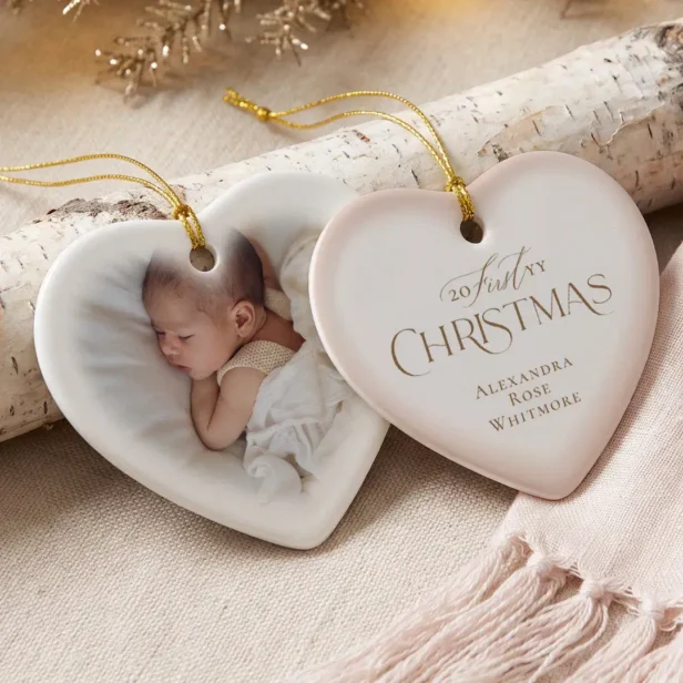 Elegant First Christmas Engaged Pink Heart Photo Ceramic Ornament