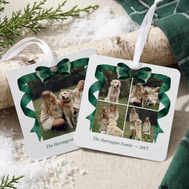 Elegant Green Bow Photo Collage Family Christmas Metal Ornament