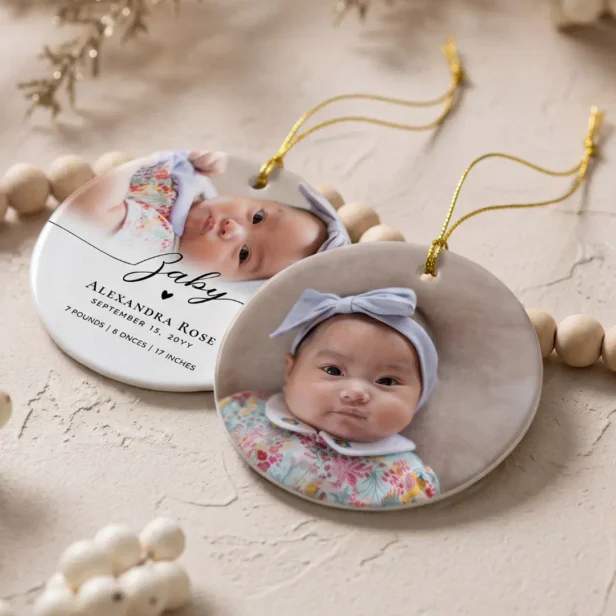 Elegant Personalized Baby Name Birth Stats & Photo Ceramic Ornament
