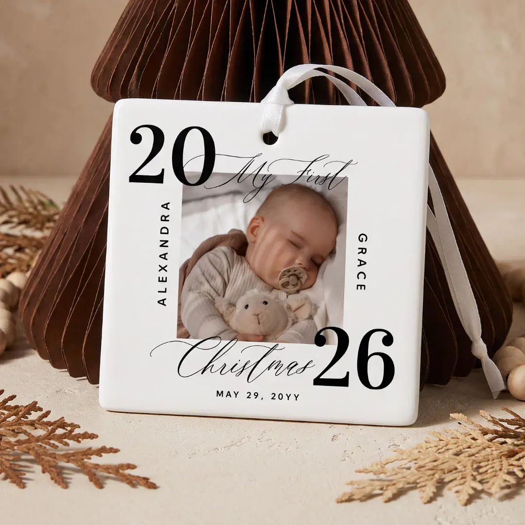 Elegant Script First Christmas Custom Baby Photo Ceramic Ornament