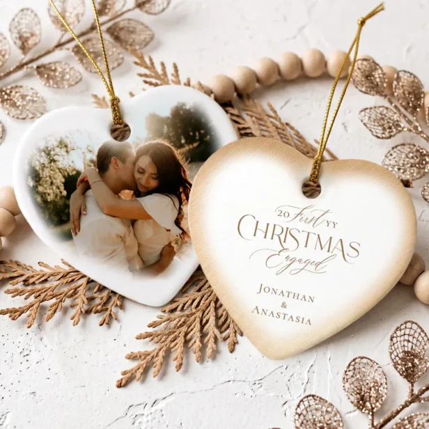 Elegant Script First Christmas Engaged Heart Photo Ceramic Ornament