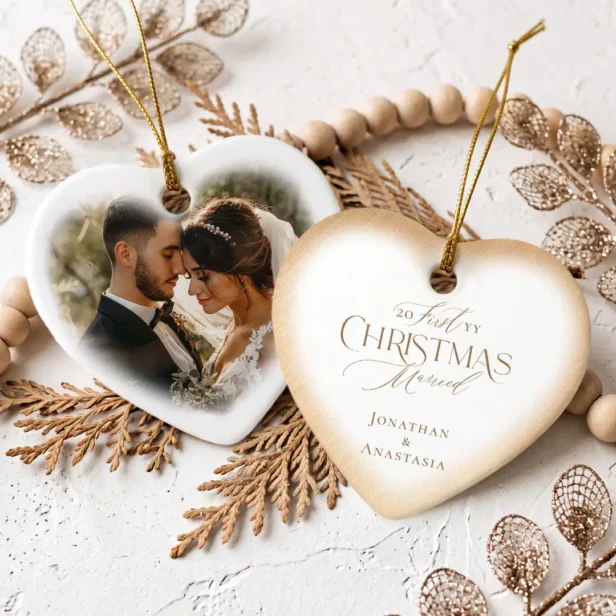 Elegant Script First Christmas Married Heart Photo Ceramic Ornament