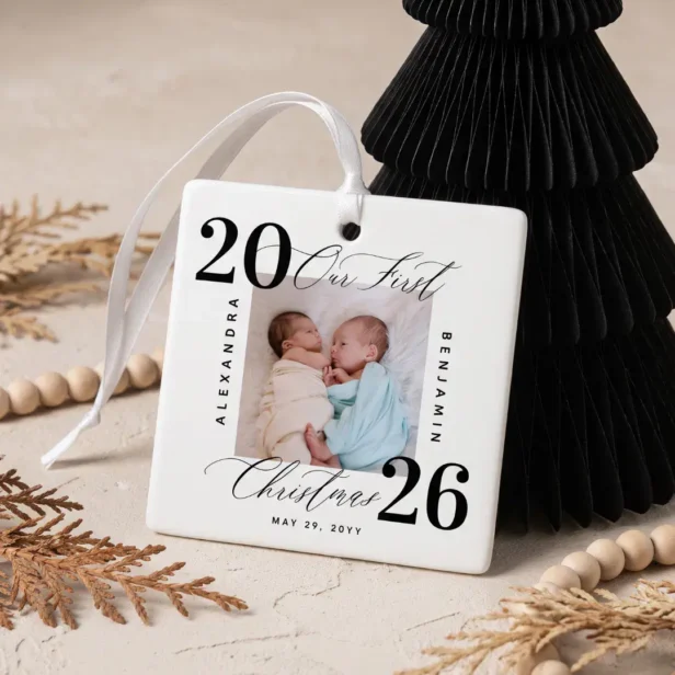 Elegant Script Our First Christmas Twin Baby Photo Ceramic Ornament