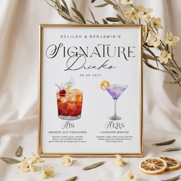 Elegant Watercolor His Her Signature Drink Wedding Poster
