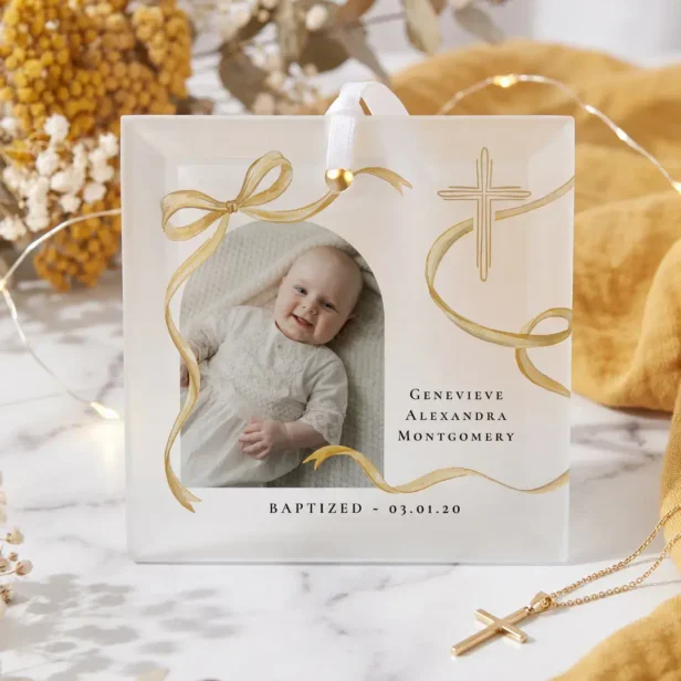 Elegant Yellow Bow Cross Baptism Christening Photo Glass Ornament
