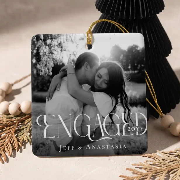 Engaged Modern Black & White Engagement Photos Ceramic Ornament