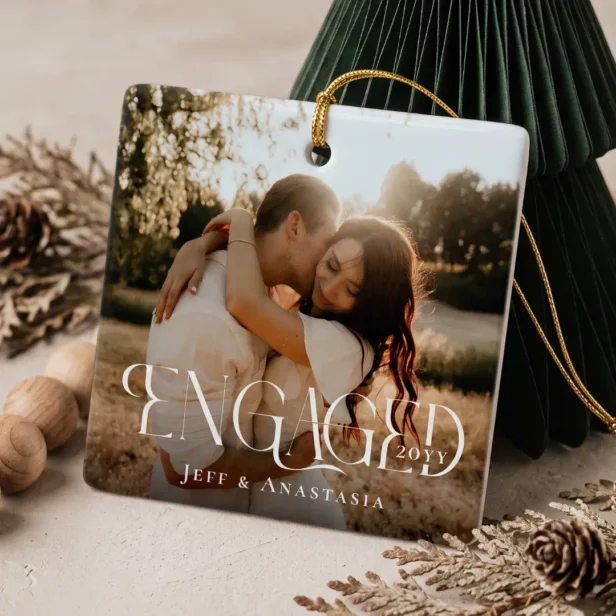 Engaged Modern Minimal Elegant Engagement Photos Ceramic Ornament
