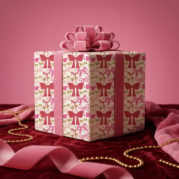 Fa La La Girly Pink Festive Bow Ribbon Christmas Wrapping Paper