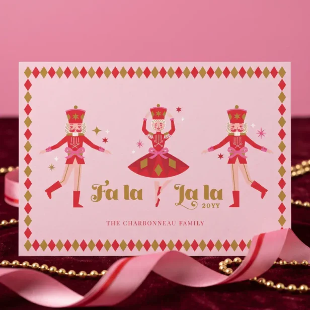 Fa La La Nutcracker Pink Christmas Family Photo Holiday Card