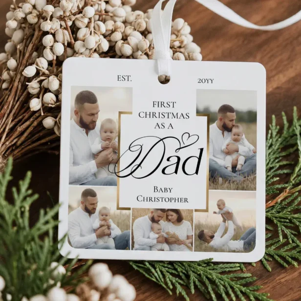 First Christmas As Dad Photo Collage Birth Stats Metal Ornament