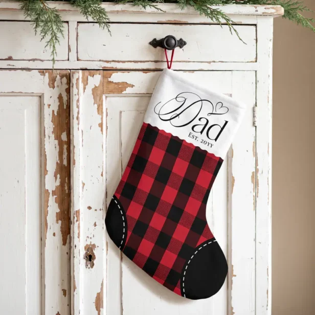 First Christmas As Dad Red Plaid Personalized Year Small Christmas Stocking