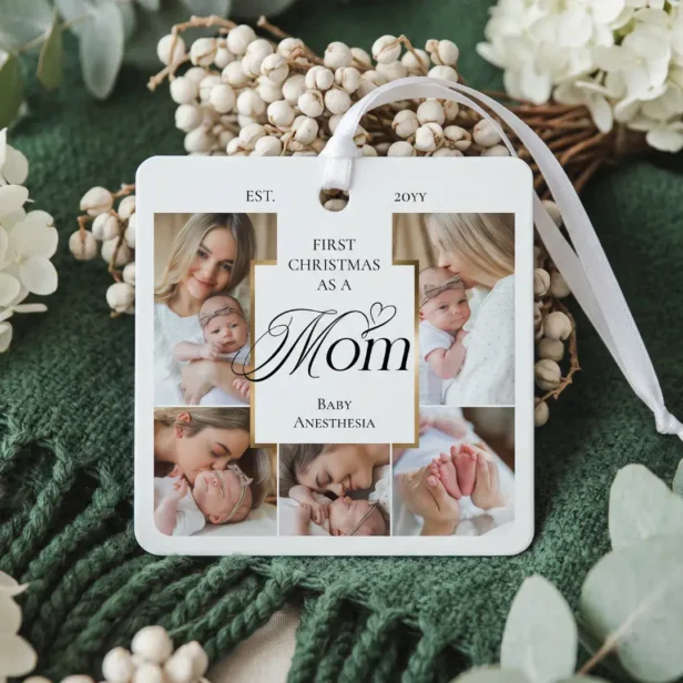 First Christmas As Mom Photo Collage Birth Stats Metal Ornament