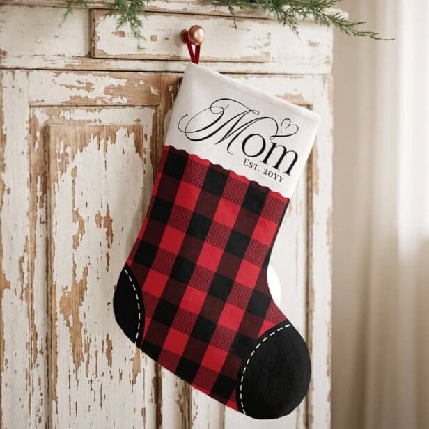 First Christmas As Mom Red Plaid Personalized Year Christmas Stocking