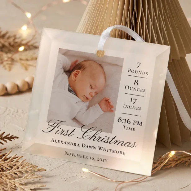 First Christmas Baby Birth Stats & Photo Keepsake Glass Ornament