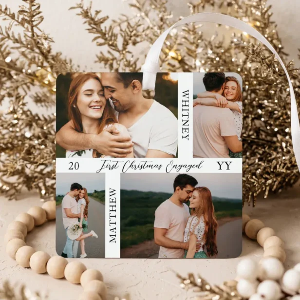 First Christmas Engaged Photo Collage Engagement Metal Ornament