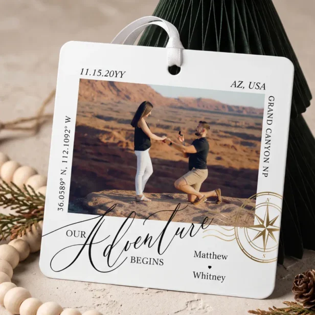 First Christmas Engaged Photo Engagement Keepsake White Metal Ornament
