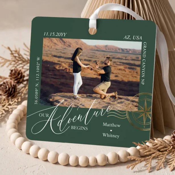 First Christmas Engaged Photo Engagement Keepsake Green Metal Ornament