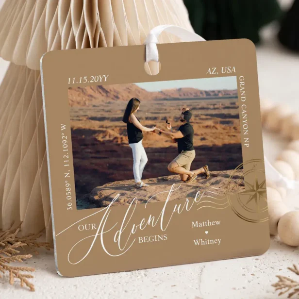 First Christmas Engaged Photo Engagement Keepsake Beige Metal Ornament