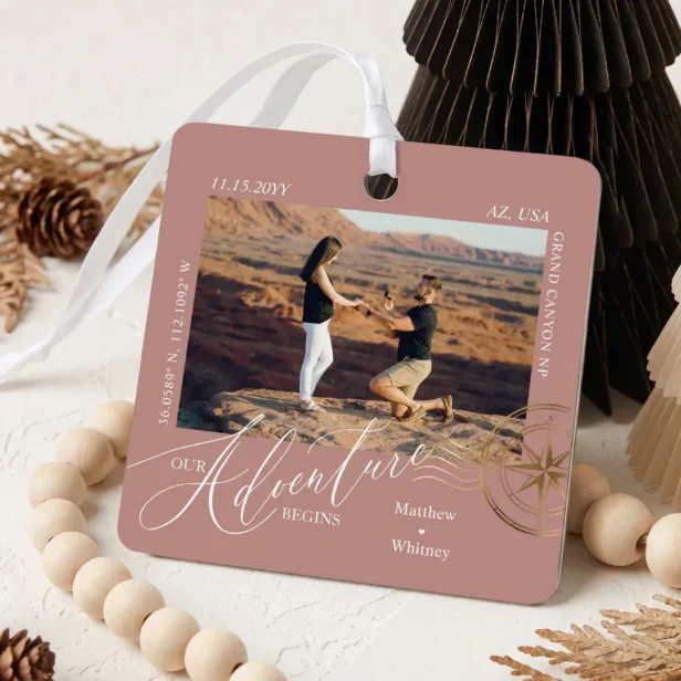 First Christmas Engaged Photo Engagement Keepsake Beige Metal Ornament