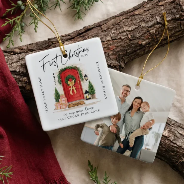 First Christmas in New Home Personalized Photo Ceramic Red Door Ornament