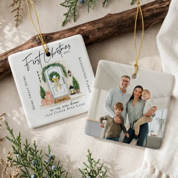 First Christmas in New Home Personalized Photo Ceramic White Door Ornament