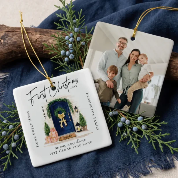 First Christmas in New Home Personalized Photo Ceramic Navy Door Ornament