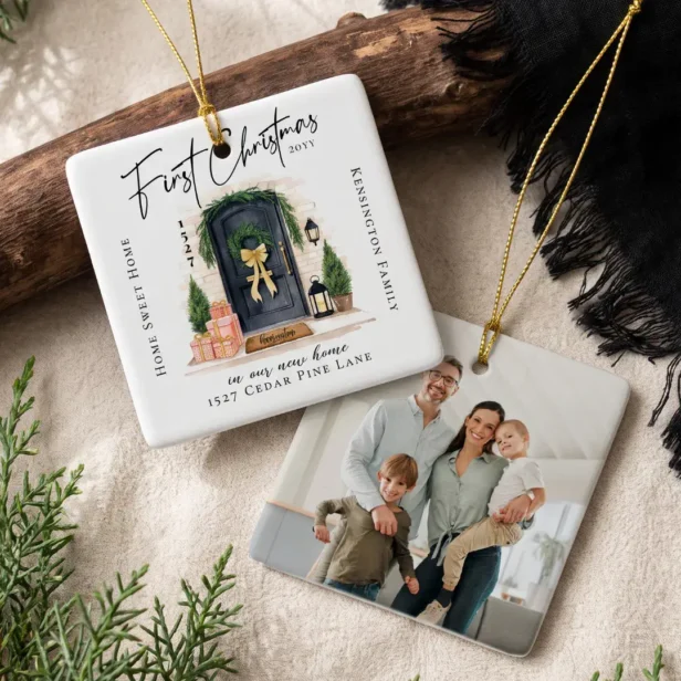 First Christmas in New Home Personalized Photo Ceramic Black Door Ornament