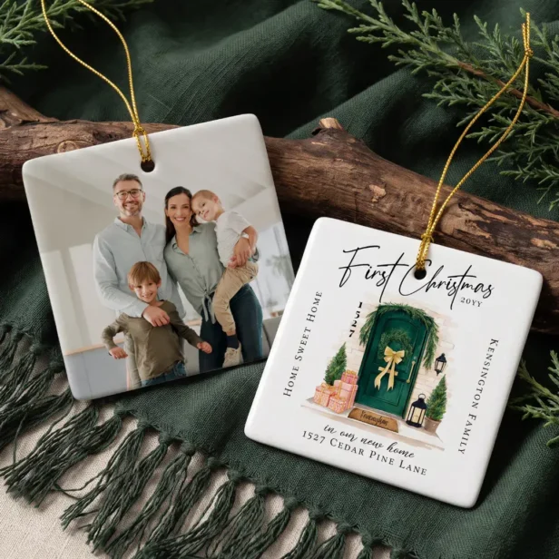 First Christmas in New Home Personalized Photo Ceramic Green Door Ornament