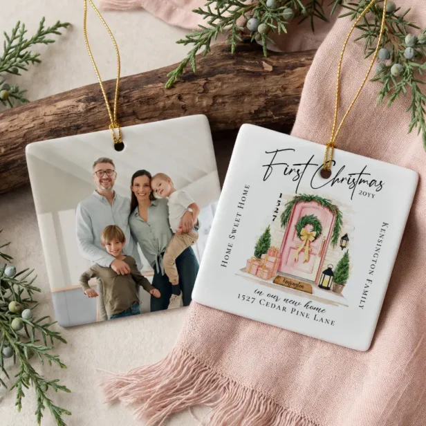 First Christmas in New Home Personalized Photo Ceramic Pink Door Ornament
