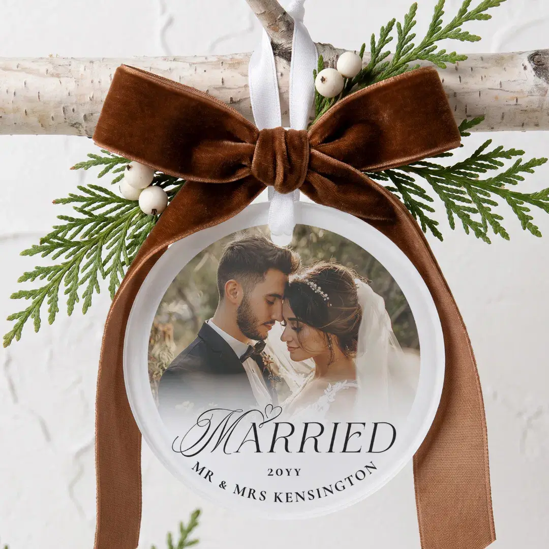 First Christmas Married Custom Wedding Two Photo Ornament
