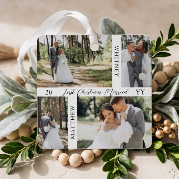 First Christmas Married Photo Collage Engagement Metal Ornament