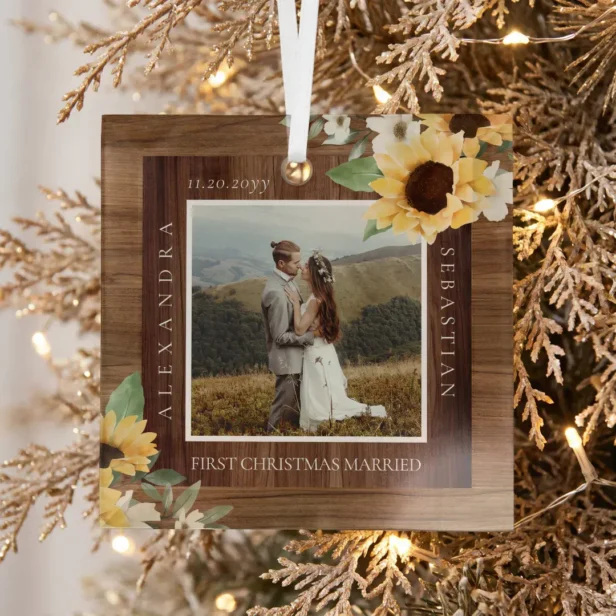 First Christmas Married Photo Sunflower Woodgrain Glass Ornament