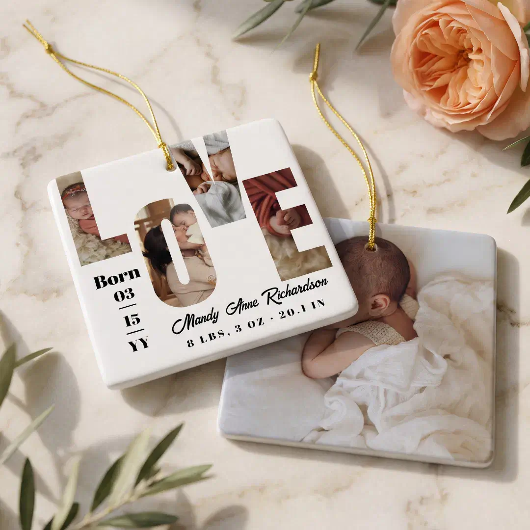 First Christmas Newborn Baby Birth Stats Photo Ceramic Ornament