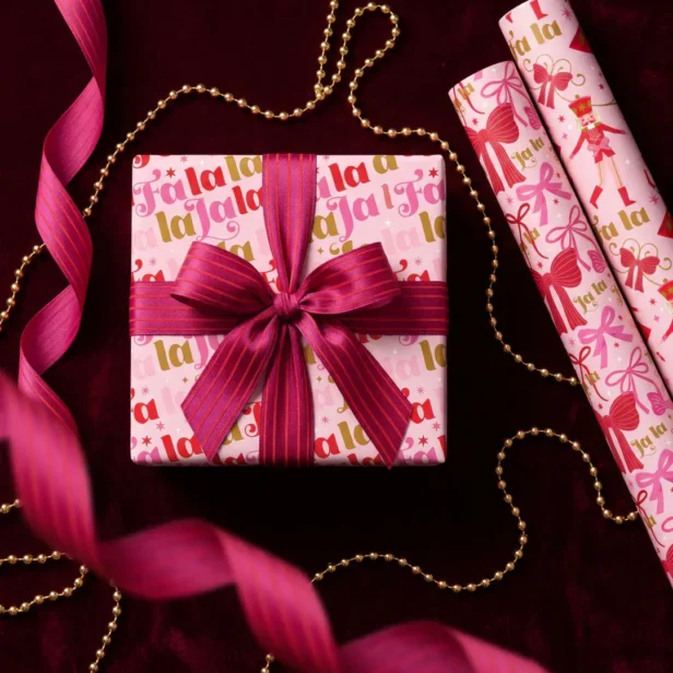 Fun Fa La La Girly Pink Festive Nutcracker Ballet Wrapping Paper Sheets