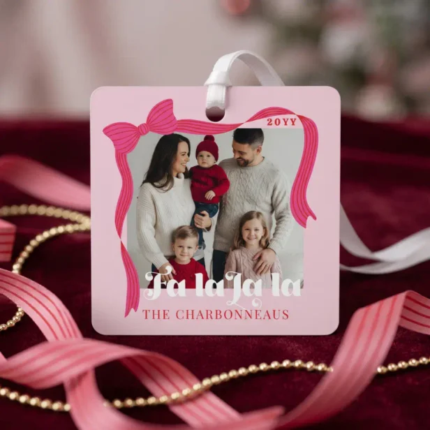 Girly Pink Bow Fa La La Family Photo Christmas Metal Ornament