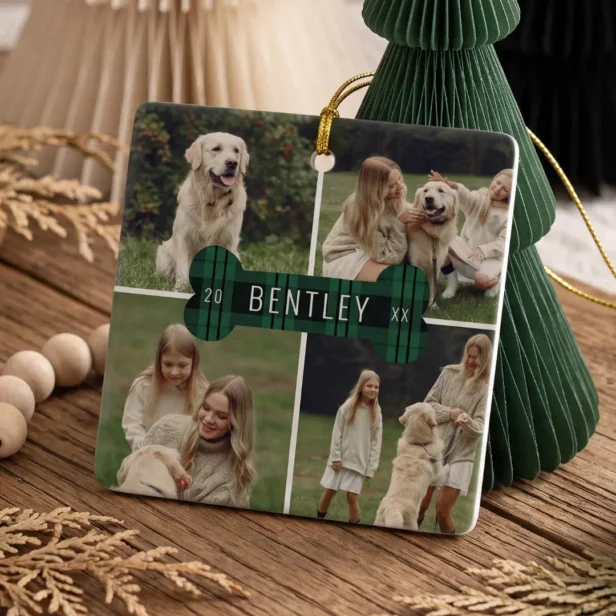 Green Plaid Dog Photo Collage Keepsake Christmas Ceramic Ornament