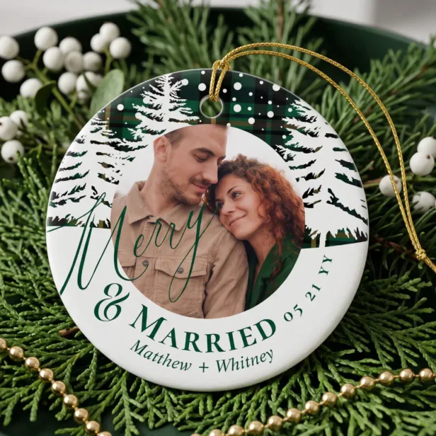 Green Plaid Festive First Christmas Married Photo Ceramic Ornament