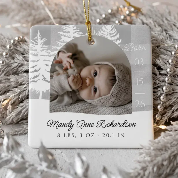 Grey Plaid Pine Tree Baby Birth Announcement Photo Ceramic Ornament