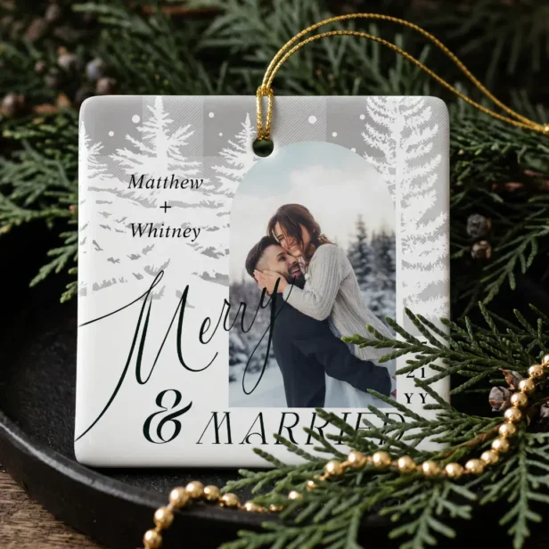Grey Plaid Pine Tree First Christmas Married Photo Ceramic Ornament